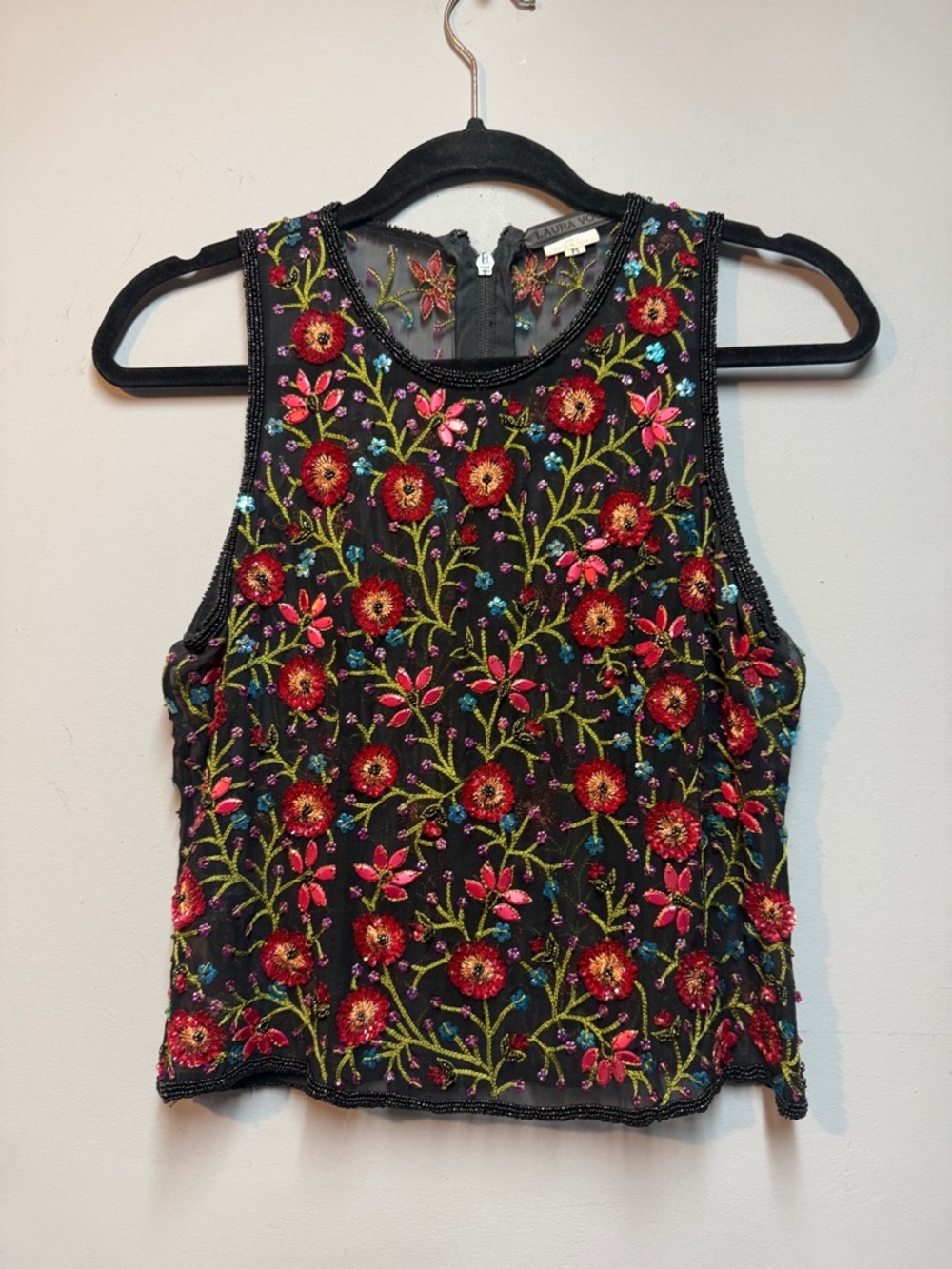 Embroidered Floral Tank Top - Black Floral.